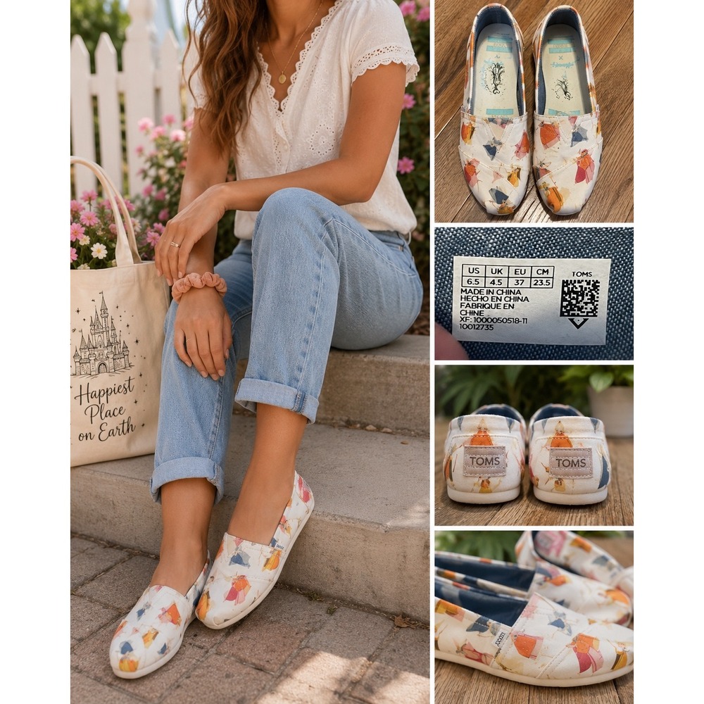TOMS x Disney Princess Alpargata Flats Women's 6.5 White Canvas Slip On Shoes